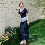 2025夏季新款法式复古蕾丝花边气质牛仔上衣高腰半身裙淡人两件套，女装套装/套裙，象礼