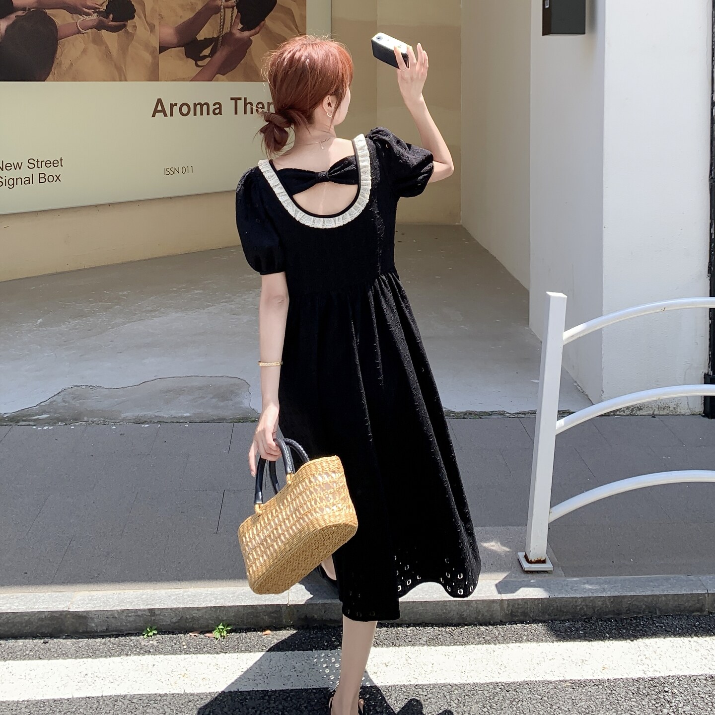 黑色高级感蕾丝连衣裙女夏2025新款赫本风收腰显瘦中长款a字裙子,女装连衣裙,浙宝131
