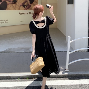 黑色高级感蕾丝连衣裙女夏2025新款赫本风收腰显瘦中长款a字裙子图片