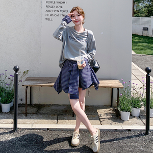 格子拼接卫衣套装裙女2025春季新款小个子减龄不规则半身裙两件套图片