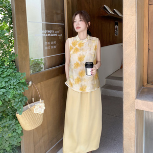 新中式国风立领印花上衣套装2025夏季高腰半身裙高级感淡人两件套图片