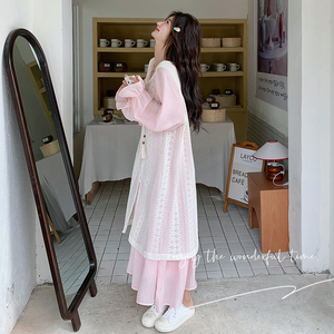 粉色甜美减龄连衣裙女2025春新款宽松显瘦钩花罩衫长裙,女装连衣裙,象礼