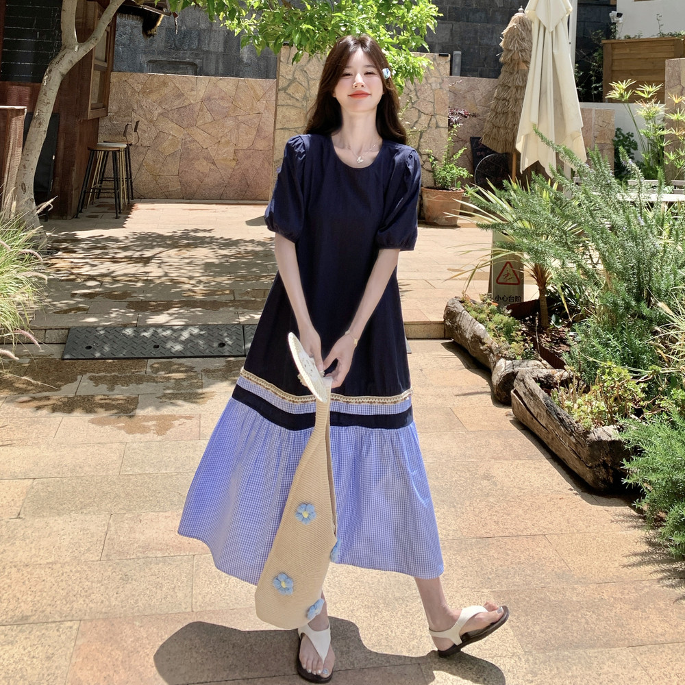 撞色拼接T恤连衣裙女2025夏季新款法式设计感宽松显瘦度假风长裙,女装连衣裙,浙宝131