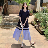 撞色拼接T恤连衣裙女2025夏季新款法式设计感宽松显瘦度假风长裙，女装连衣裙，浙宝131