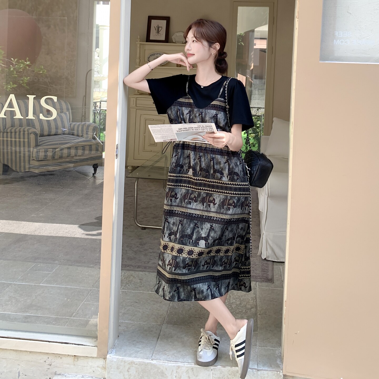时尚气质减龄圆领印花2025夏季新款假两件连衣裙女复古薄款中长款,女装连衣裙,浙宝131