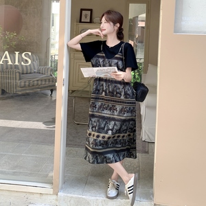 时尚气质减龄圆领印花2025夏季新款假两件连衣裙女复古薄款中长款图片