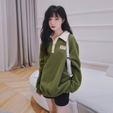 复古学院风绿色polo领卫衣女秋秋2025超火美式慵懒chic多巴胺上衣，女装卫衣/绒衫，浙宝131