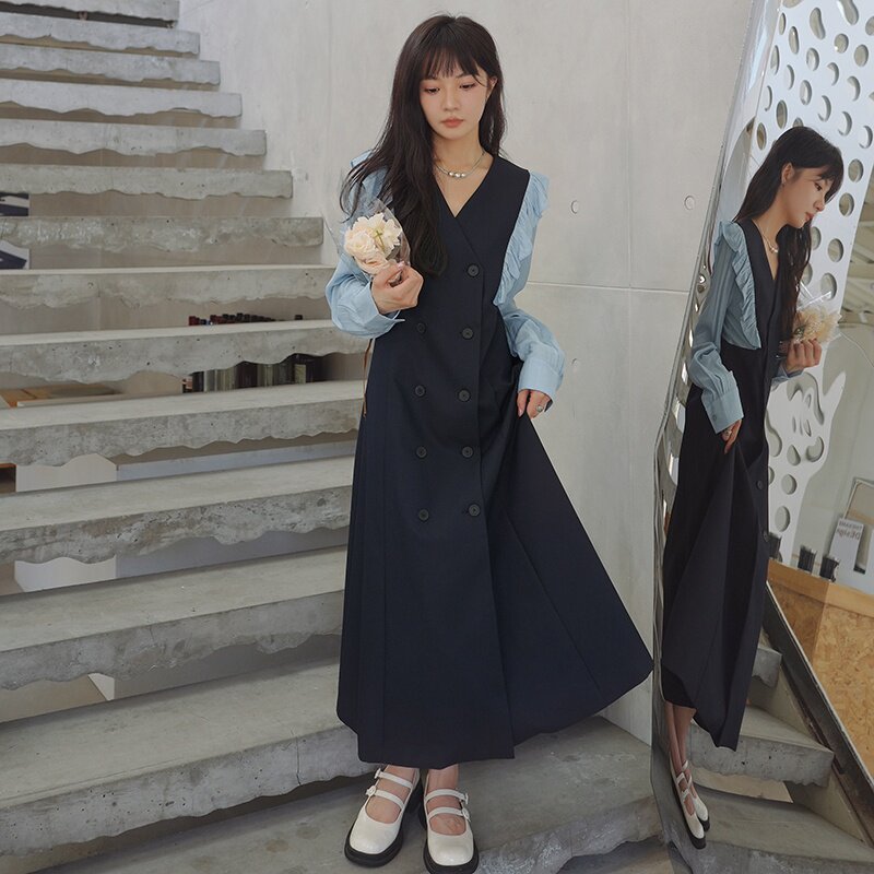 高级感法式假两件连衣裙女2025春秋木耳边v领双排扣显瘦雪纺长裙,女装连衣裙,浙宝131