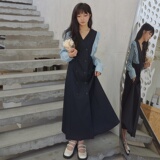 高级感法式假两件连衣裙女2025春秋木耳边v领双排扣显瘦雪纺长裙，女装连衣裙，象礼