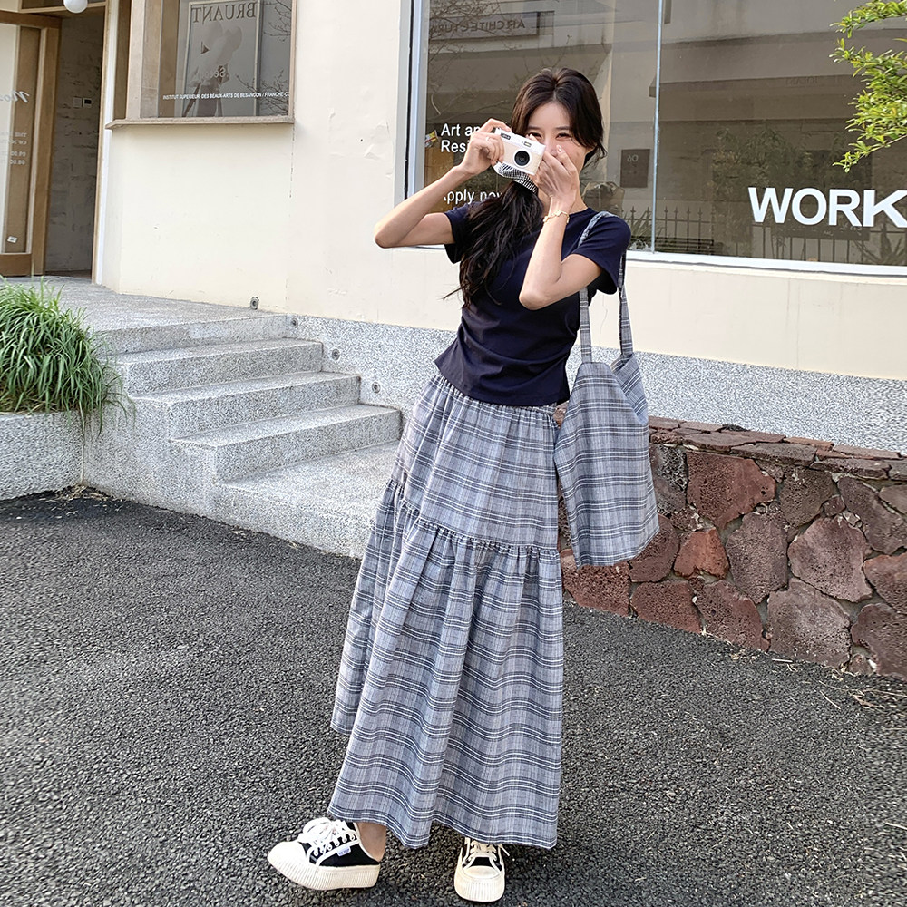 盐甜系减龄套装裙女2025夏季新款韩系学院风T恤格子半身裙两件套,女装套装/套裙,浙宝131