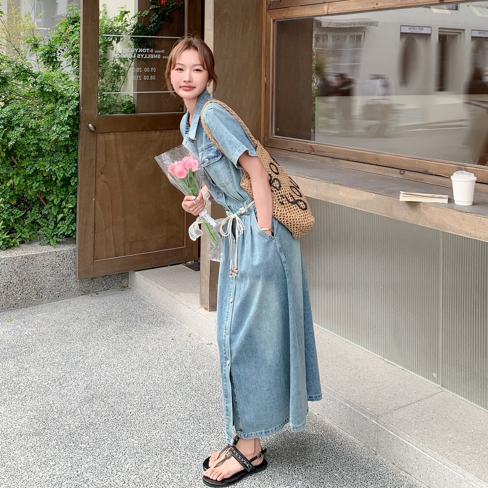 牛仔衬衫连衣裙女夏季新款复古抽绳开叉气质高腰显瘦薄款休闲长裙,女装连衣裙,浙宝131