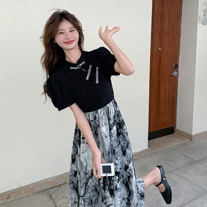 国风拼接新中式连衣裙黑色高级感夏季2025新款女盘扣水墨改良旗袍图片