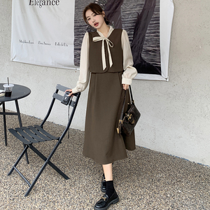 气质通勤穿搭咖色蝴蝶结连衣裙女春2025新款千金高级感假两件裙子,女装连衣裙,浙宝131