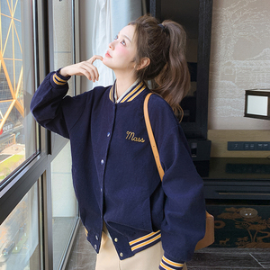 美式学院风藏蓝色短款棒球服外套女春秋超火好看高级小众夹克上衣图片