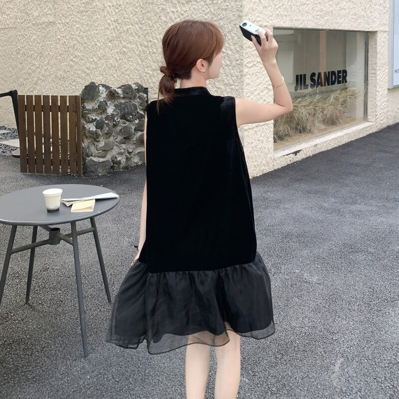 新中式国风无袖丝绒连衣裙女2025夏新款高级感网纱拼接显瘦小黑裙,女装连衣裙,浙宝131