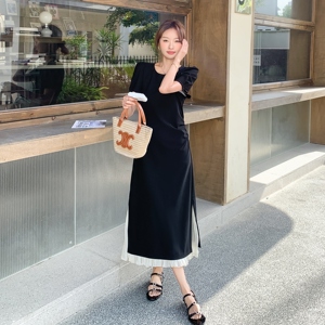 黑色轻熟法式复古气质赫本a字裙新款长款显瘦荷叶边连衣裙夏女图片