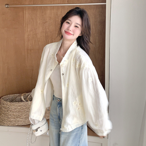 米白色花朵刺绣防晒外套女2025夏季新款独特设计感超好看短款夹克图片