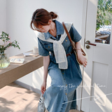 复古蕾丝披肩牛仔连衣裙女2025年夏季新款韩系气质减龄百搭a字裙，女装连衣裙，浙宝131