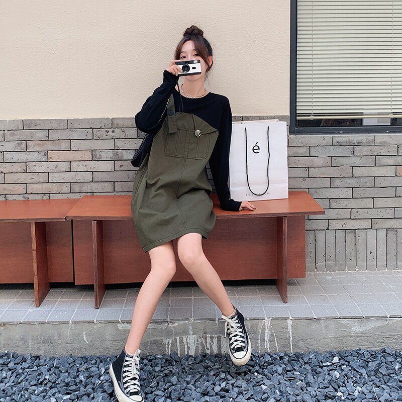 春装韩版假两件连衣裙女早春秋2025年新款设计感宽松军绿色背带裙,女装连衣裙,浙宝131