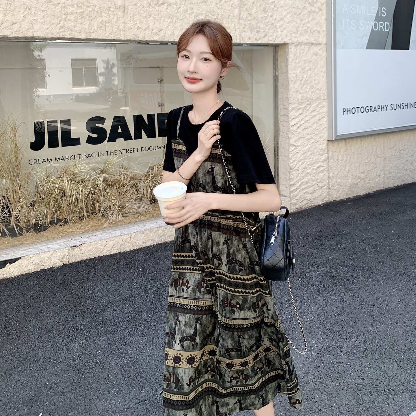 时尚气质减龄圆领印花2025夏季新款假两件连衣裙女复古薄款中长款,女装连衣裙,浙宝131