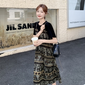 时尚气质减龄圆领印花2025夏季新款假两件连衣裙女复古薄款中长款图片