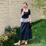 2025夏季新款法式复古蕾丝花边气质牛仔上衣高腰半身裙淡人两件套，女装套装/套裙，象礼