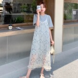 氛围感淡人穿搭蕾丝吊带裙两件套2025新款夏季韩系灰色T恤裙套装，女装连衣裙，象礼