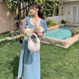 蓝色复古牛仔套装女夏2024夏季新款高腰蕾丝拼接上衣半身裙两件套，女装套装/套裙，象礼