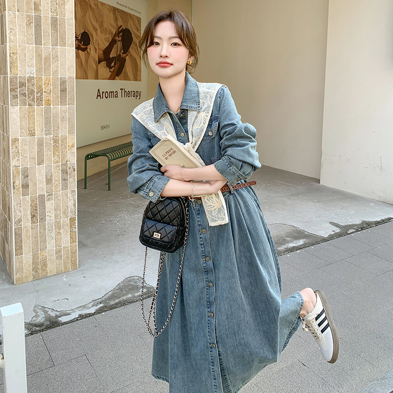 蕾丝披肩牛仔连衣裙女2025春季新款设计感超好看气质显瘦衬衫长裙,女装连衣裙,浙宝131