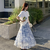 超仙短袖T恤扎染网纱蛋糕裙套装女2025夏季新款超好看气质两件套，女装套装/套裙，象礼