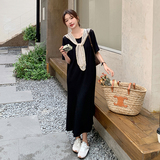 蕾丝拼接黑色T恤连衣裙女夏季2025新款法式气质宽松假两件鱼尾裙，女装连衣裙，象礼