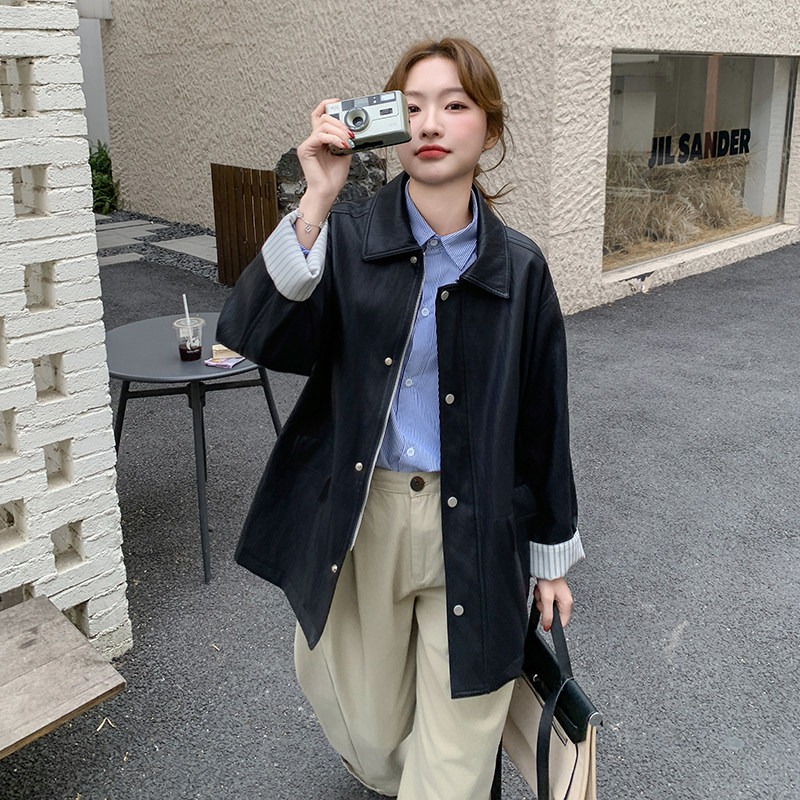 2025早春季新款超软PU蛋白皮风衣女中长款小个子条纹拼接皮衣外套,女装短外套,浙宝131