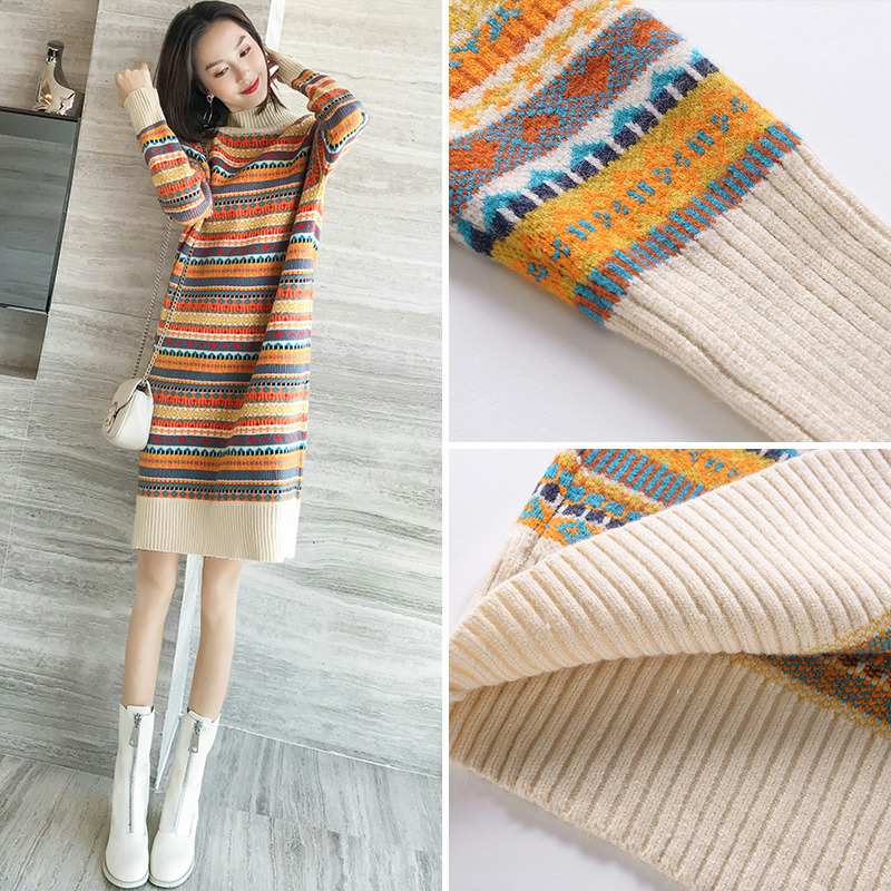 潮牌针织连衣裙女2024年秋冬加厚时尚拼色条纹宽松显瘦气质毛衣裙