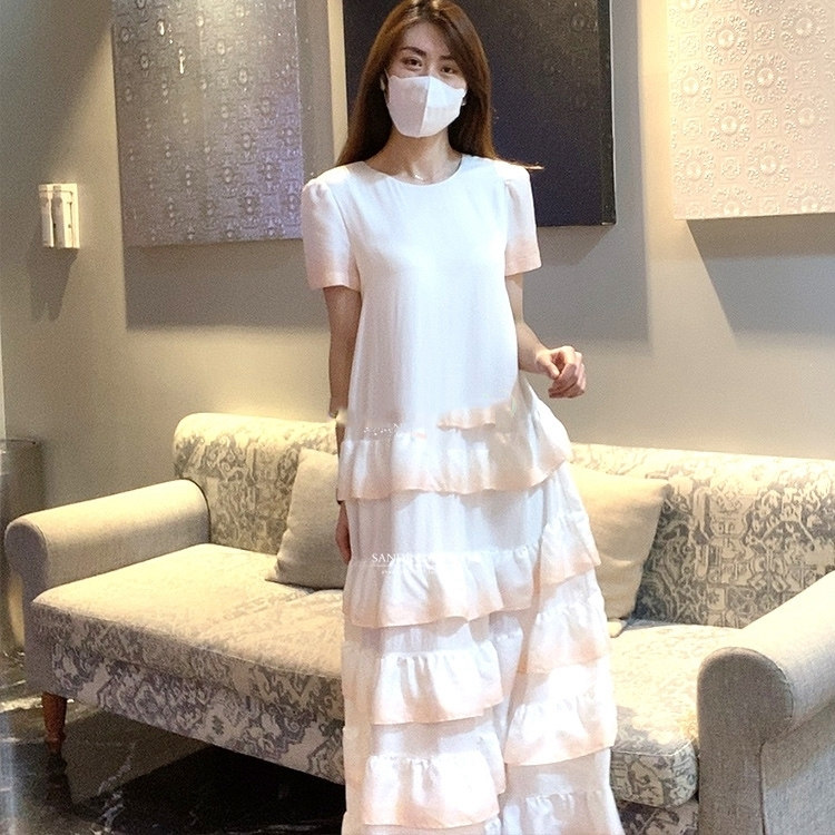 maSande2020多层染色荷叶边圆领长款连衣裙MFPRO01257