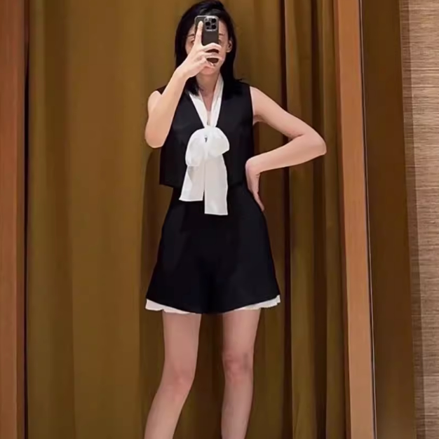 2025秋冬女装新款蝴蝶结V领系带西装领马甲上衣SFPTO00825