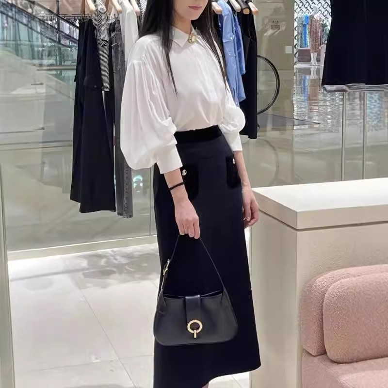 2024秋冬新款女装法式优雅黑色花呢长款半身裙SFPJU01330