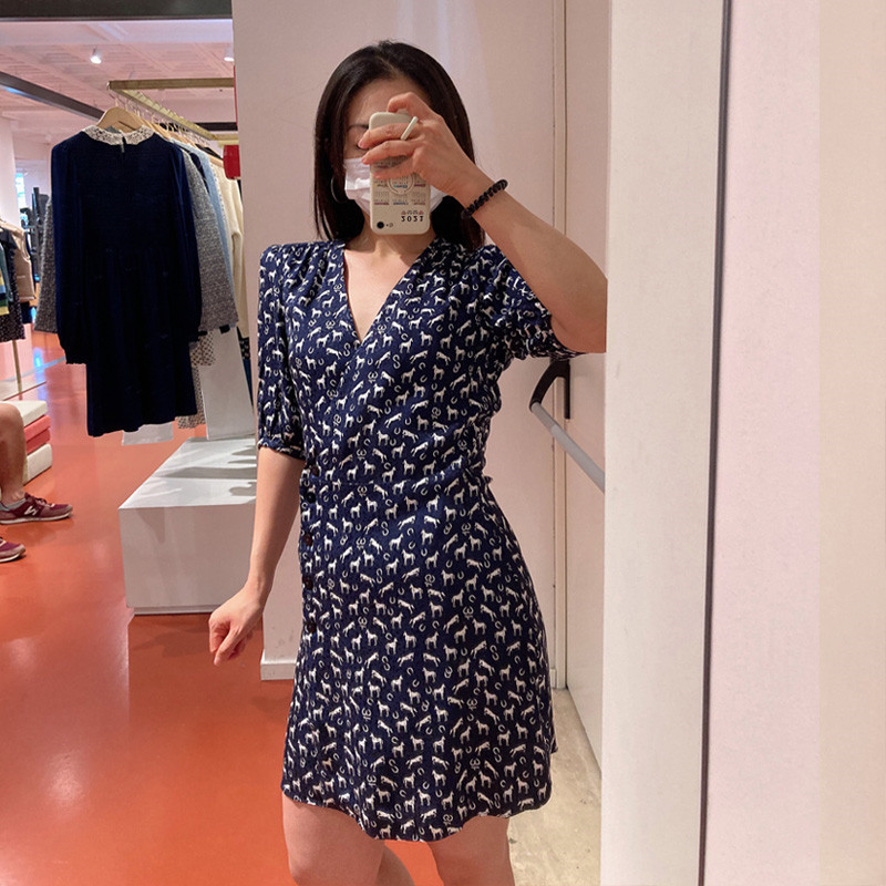 2021动物图案印花V领短袖法式茶歇连衣裙 MFPRO02020
