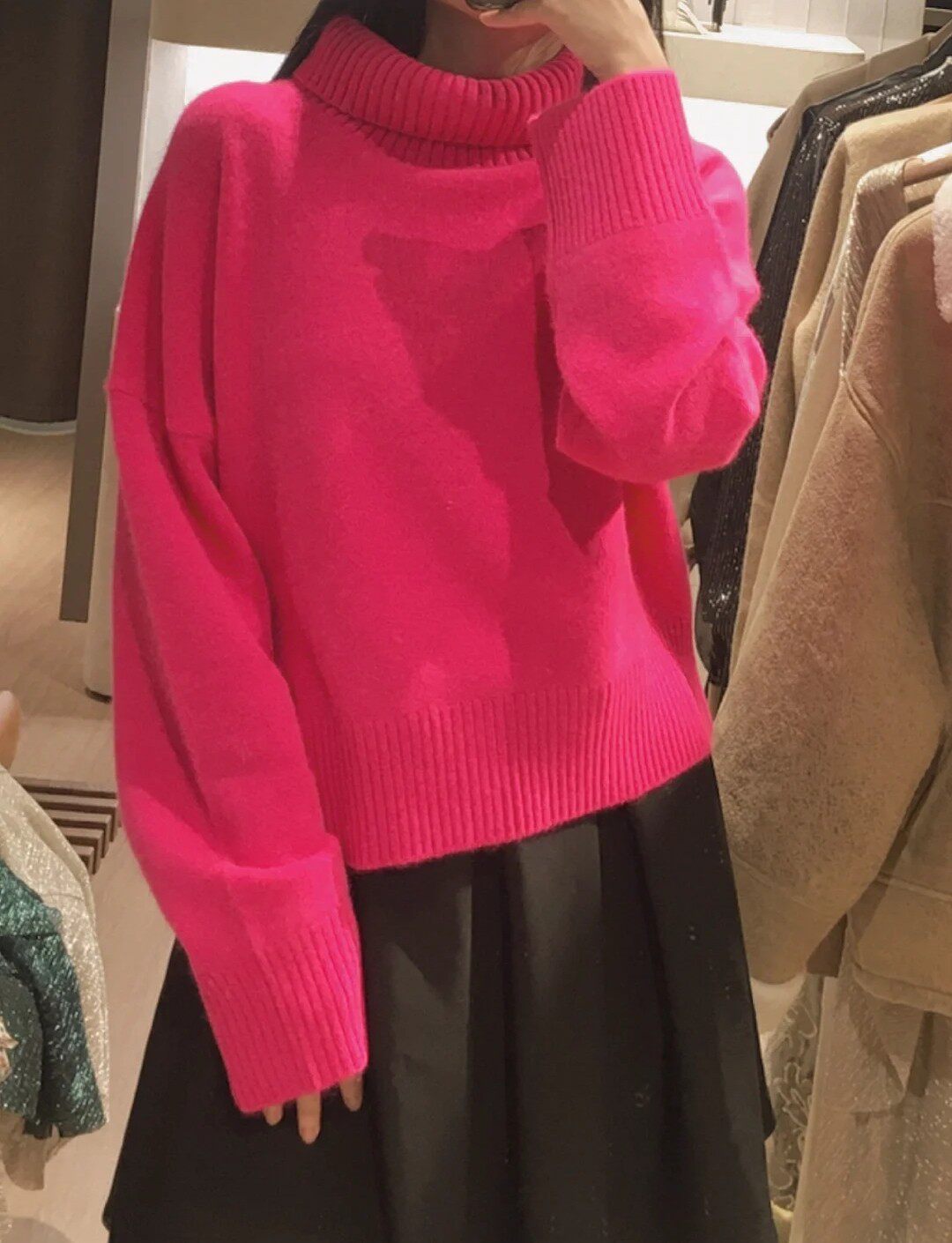 2023女 高领宽松玫红色落肩针织套头衫MFPPU00547