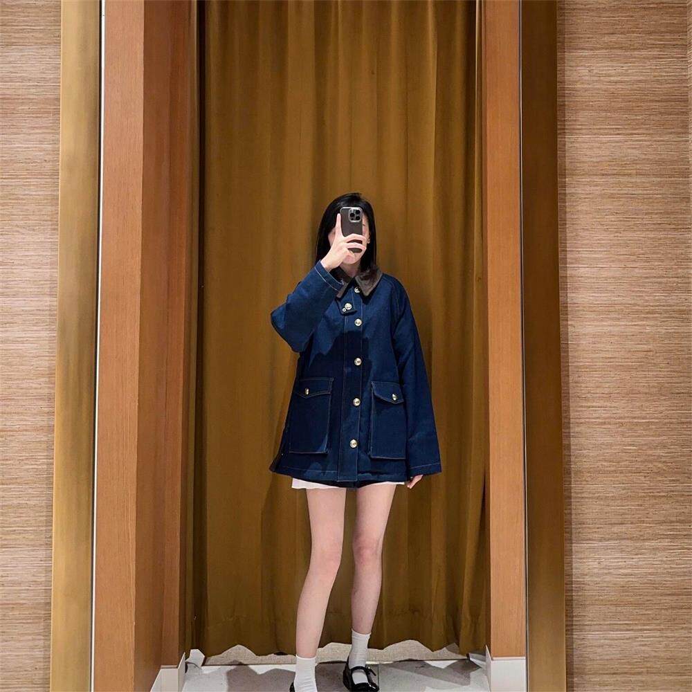2025早秋新款女装复古宽松拼接领棉混纺牛仔外套SFPOU00710