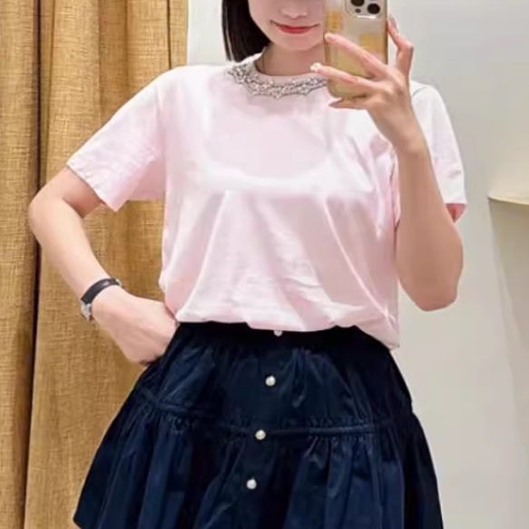 正品2025夏秋新款女装钻饰圆领时尚短袖针织T恤衫MFPTS00974