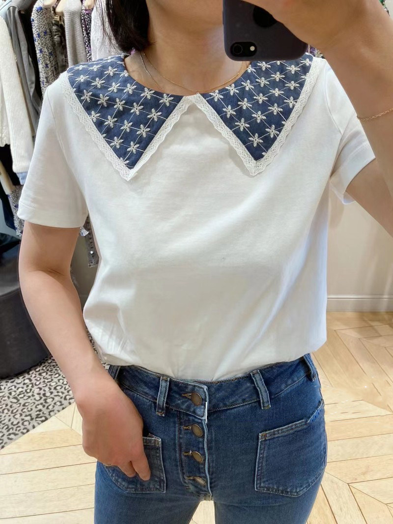 2021花朵刺绣荷叶边衣领短袖T恤MFPTS00474