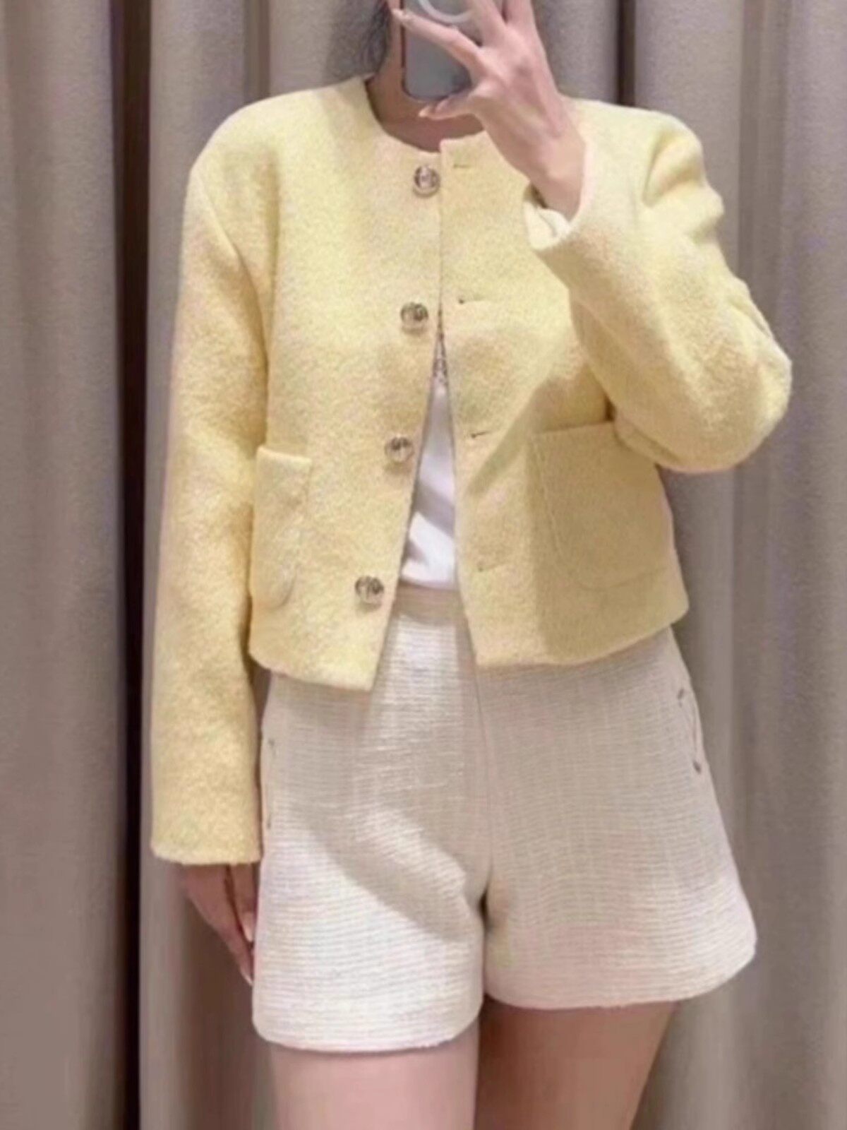 法式气质黄色粗花呢短外套