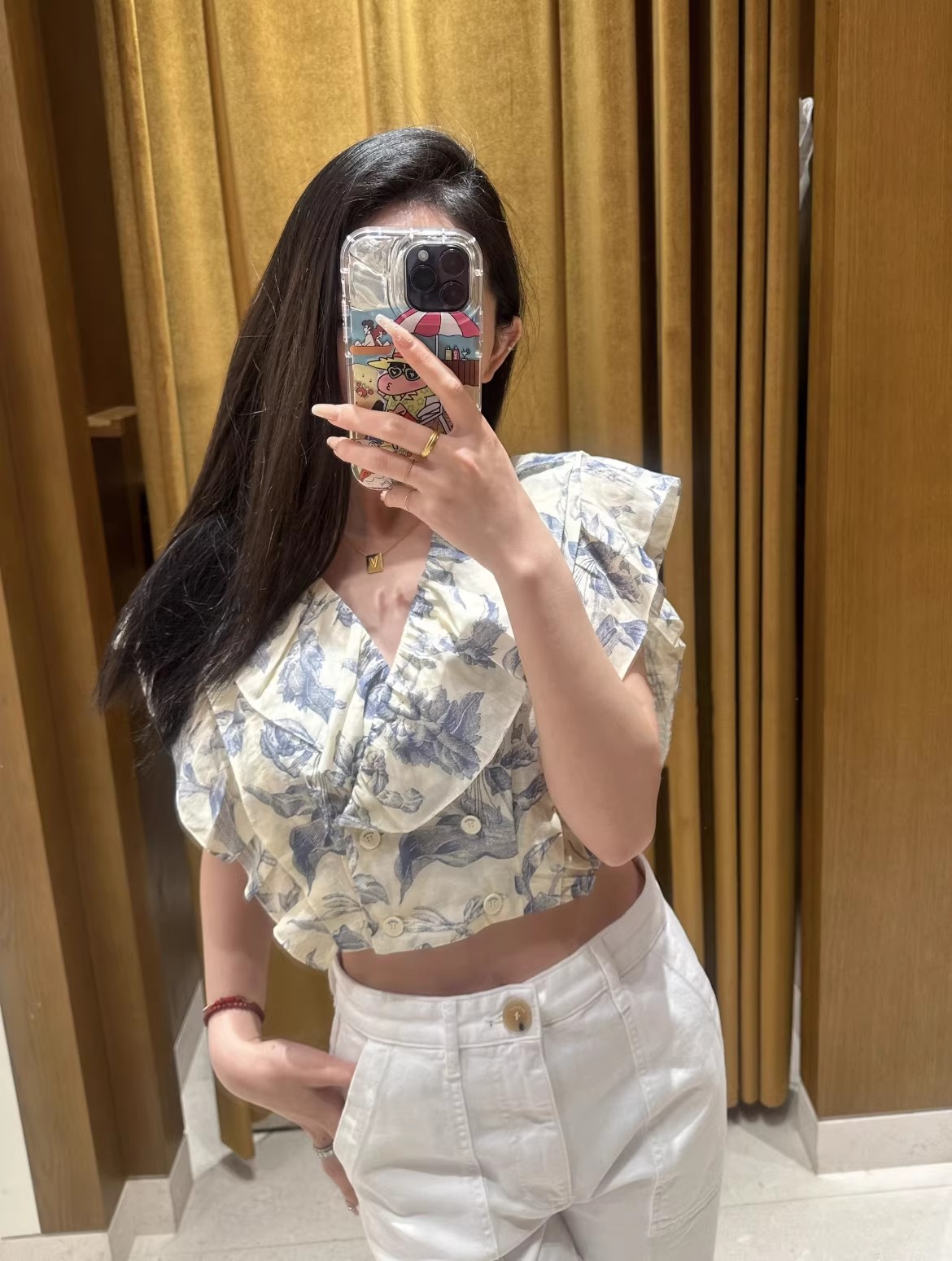 女装花卉印花荷叶边短款T恤