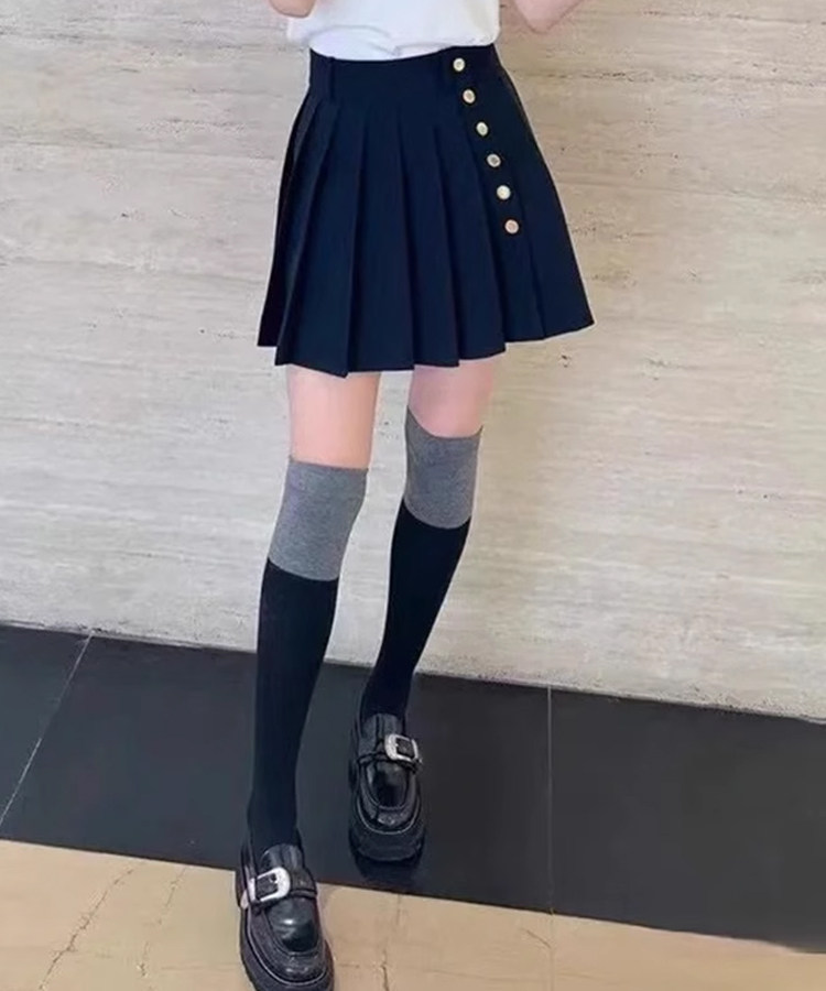 深蓝色高腰百褶短款半身裙