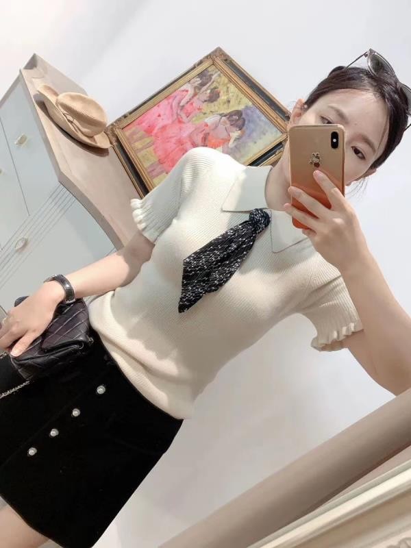 法式领带花边短袖修身针织上衣