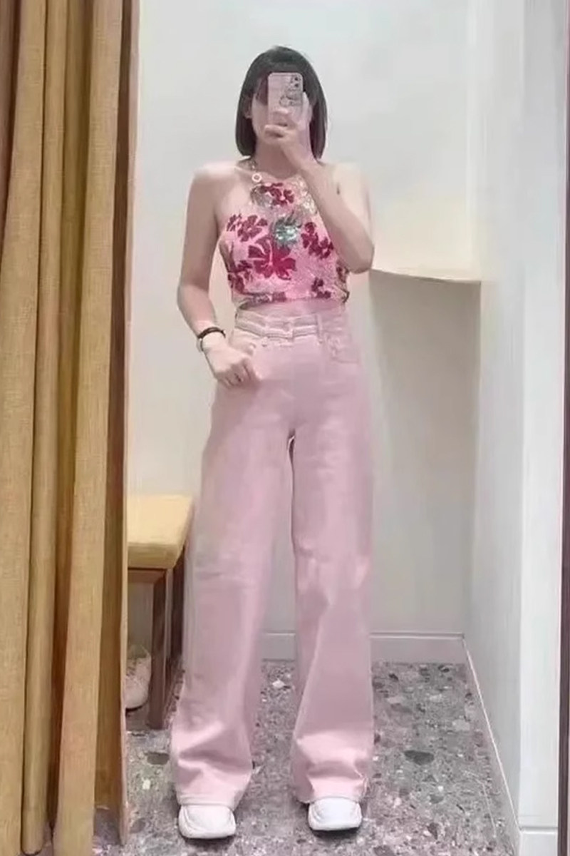 时尚紫色高腰阔腿牛仔裤长裤