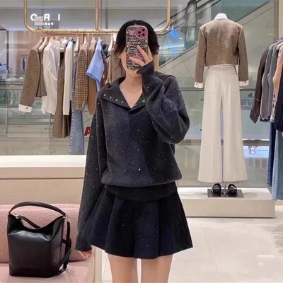 2024秋季新款女装法式慵懒钻饰连帽格雷系针织衫SFPPU02424