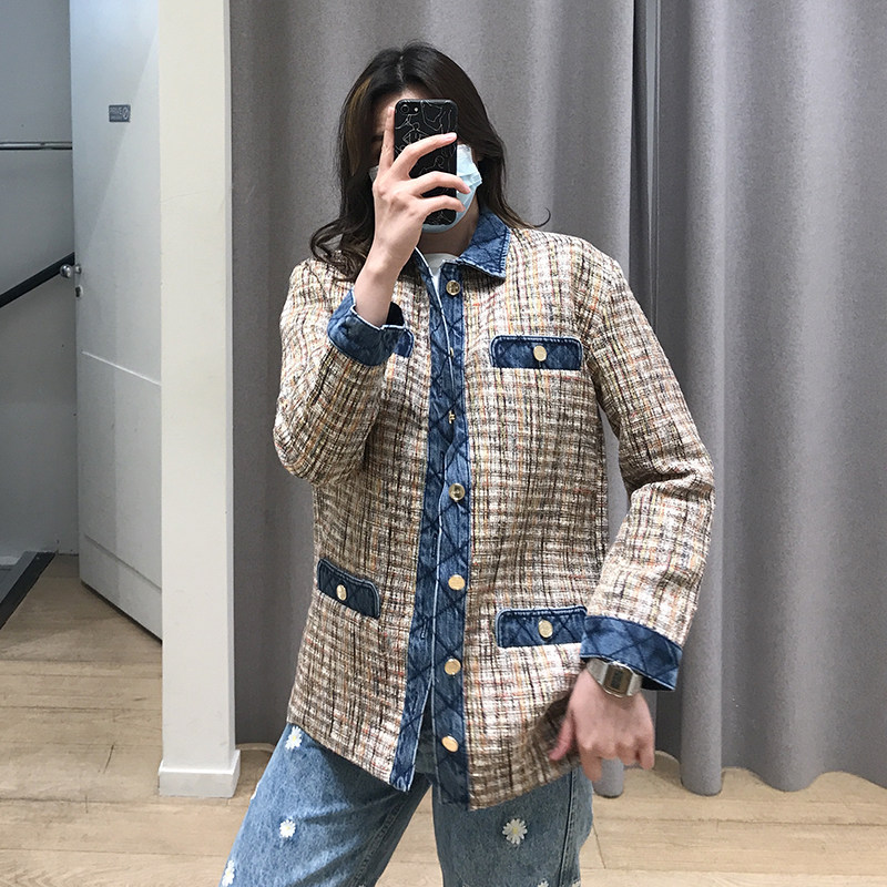 牛仔新款粗花呢拼接夹克外套女装