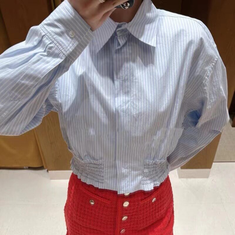 女装褶皱竖条纹衬衫女