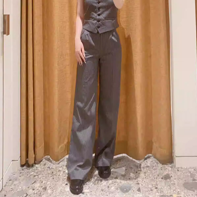 2024早秋新款女装灰色休闲条纹宽松阔腿西装裤长裤MFPPA00640